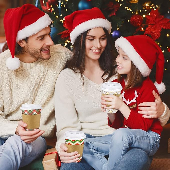 300 Pcs/100 Sets Christmas Coffee Cups with Lids and Sleeves 12 oz Disposable Christmas Paper Cups Party Drinking Cups for Hot and Cold Drinks Chocolate Coffee Tea Beverage Bar Supplies (Shiny)