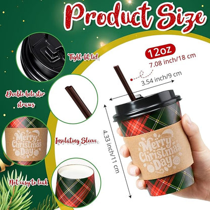 Lallisa 100 Sets Christmas Disposable Coffee Paper Cups Bulk with Lids Sleeves & Straws, 12 oz Xmas Red and Green Buffalo Plaid Cups for Hot Cold Cocoa Tea Holiday Party Supplies