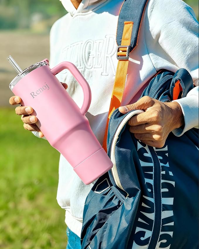 Renoj Tumbler with Handle 100% Leak Proof Insulated Water Bottle for Iced Coffee & Hot Drinks - Fits Car Cup Holder, Ideal Gift, 2 Straws & Silicone Boot BPA-Free - SnapShift Pink 40 oz