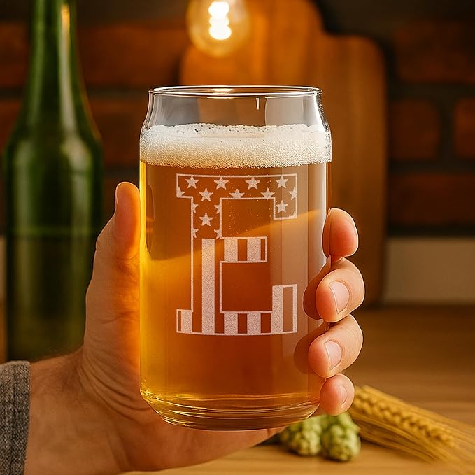 Monogram Beer Glasses for Men (A-Z) 16 oz - Beer Gifts for Men Brother Son Dad Neighbor - Unique Gifts for Him - Personalized Drinking Gift Beer Glass Mugs - Engraved Beer Can Glass (E)