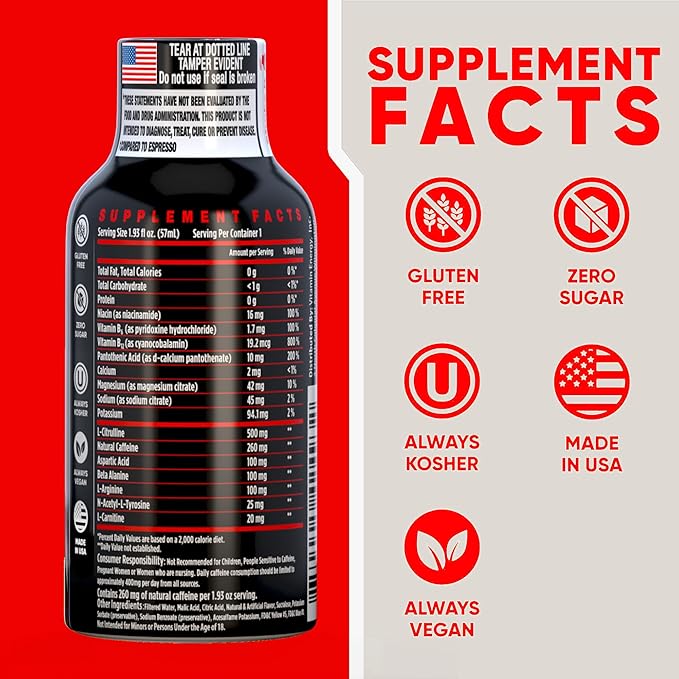 Vitamin Energy Workout+ Extra Strength Energy Shot Berry 8 Pack, 260mg Natural Caffeine, Pre-Workout, B-Vitamins, Minerals, Endurance & Performance, Zero Sugar, Gluten-Free, Vegan, 1.93 fl oz