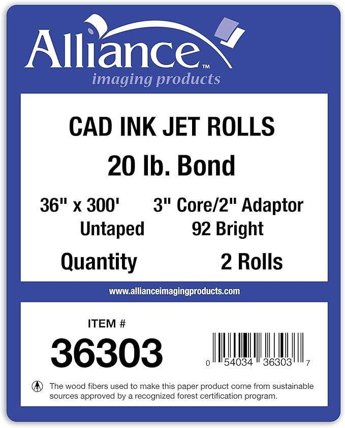 Alliance Wide Format Paper CAD Bond Rolls (20lb | 2 Rolls, 36 In x 300 Ft | 3" Core)