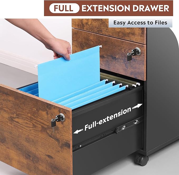 DEVAISE 3 Drawer Rolling File Cabinet with Lock, Wood Under Desk Filing Cabinet fits Letter/Legal/A4 Size for Home Office, Rustic Brown