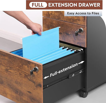 DEVAISE 3 Drawer Rolling File Cabinet with Lock, Wood Under Desk Filing Cabinet fits Letter/Legal/A4 Size for Home Office, Rustic Brown