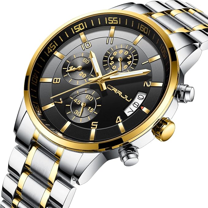CRRJU Men's Fashion Stainless Steel Watches Date Waterproof Chronograph Wristwatches,Black Steel Band Waterproof Quartz Watch for Men