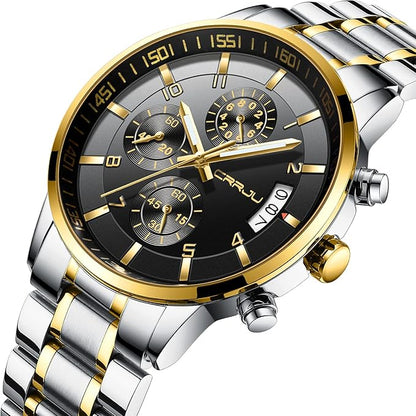 CRRJU Men's Fashion Stainless Steel Watches Date Waterproof Chronograph Wristwatches,Black Steel Band Waterproof Quartz Watch for Men