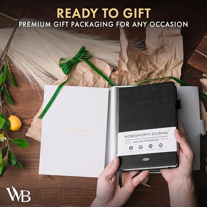 Wordsworth & Black A5 Lined Journal 216 Lined Pages, Hardcover Leather, 120 GSM Paper, Journaling Notebook for Work & Sketching, Journals for Women, Men - Gifts Box Included Black