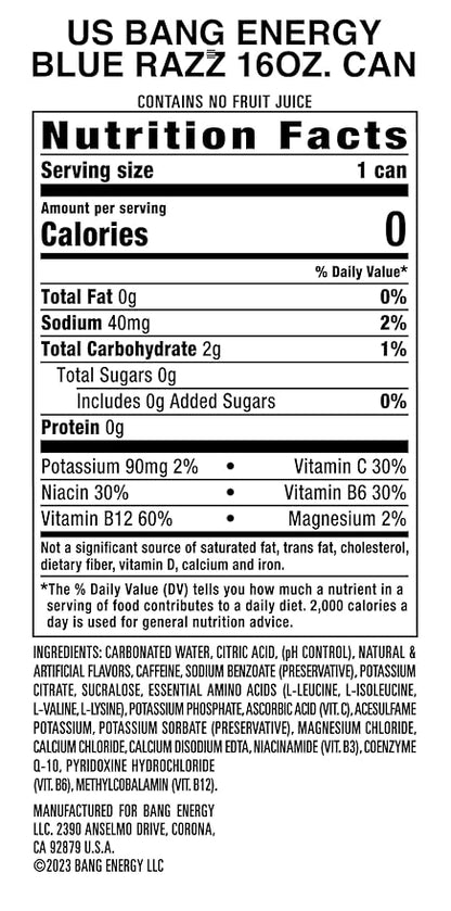 Bang Energy Blue Razz, Sugar-Free Energy Drink, 16-Ounce (Pack of 12)