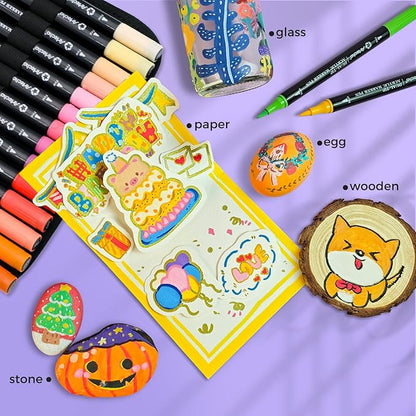 Artecho Acrylic Paint Markers 48 Colors with Bag, Acrylic Paint Pens with Brush Tip and Fine Tip for Stone, Rock Painting, Paper, Pumpkin, Wood, Egg, Canvas, Ceramic, Fabric, leather, Glass