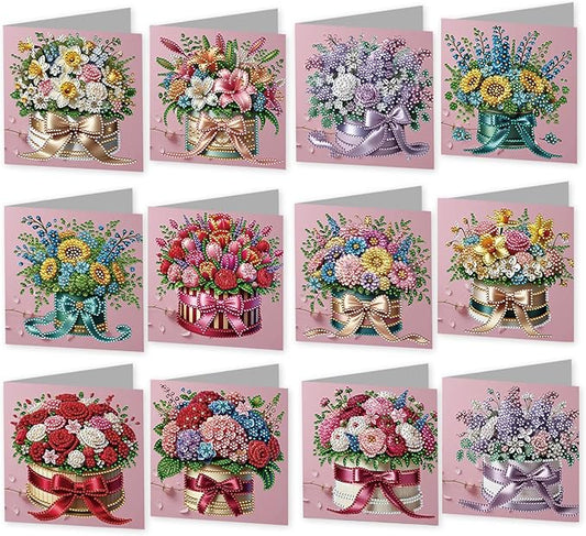 jinglinhh 12pcs Valentine's Day Lily Tulip Rose Flower Sunflower Gifts Diamond Art Painting Greeting Cards with Envelopes, DIY Card Making Kits for Adults, Diamond Art Holiday Birthday Cards Gifts