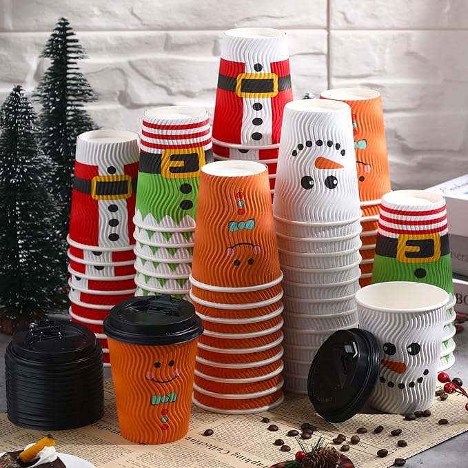 Foaincore 100 Sets Christmas Disposable Coffee Cups 12 oz Insulated Ripple Wall Paper Cup with Lid, Xmas Disposable Coffee Espresso Cups Tea Cups for Cold Hot Liquids Drinking Party Supplies (Cute)