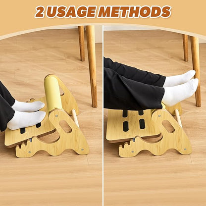 Foot Rest for Under Desk at Work- Adjustable Rocking Foot Stool with 3 Height Positions and Soft Crossbar, Ergonomic Wooden Footrest with Anti-Slip Surface for Home, Office