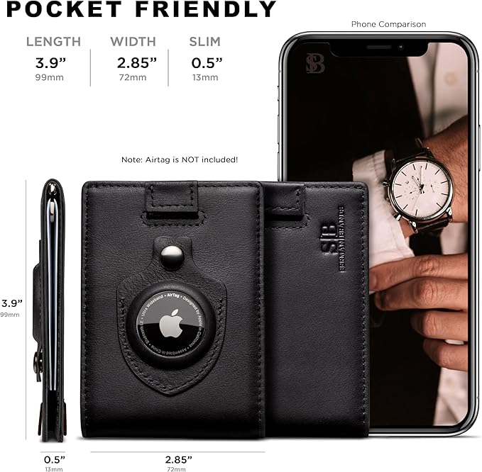SERMAN BRANDS AirTag Wallet - RFID Blocking Mens Minimalist Money Clip Wallet for Airtag - Full Grain Leather - Slim Bifold. Front Pocket Air tag Wallets for men. Gift