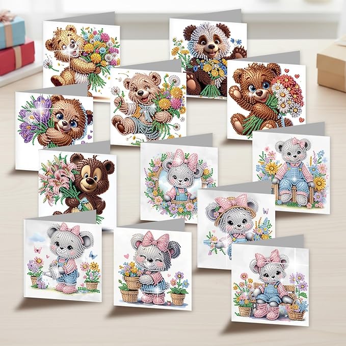 jinglinhh 12pcs Diamond Art Painting Flower Bear Greeting Cards with Envelopes, DIY Card Making Kits for Adults, Diamond Art Christmas Cards for Birthday Holiday Postcards Craft Gifts