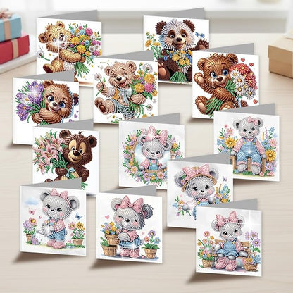 jinglinhh 12pcs Diamond Art Painting Flower Bear Greeting Cards with Envelopes, DIY Card Making Kits for Adults, Diamond Art Christmas Cards for Birthday Holiday Postcards Craft Gifts