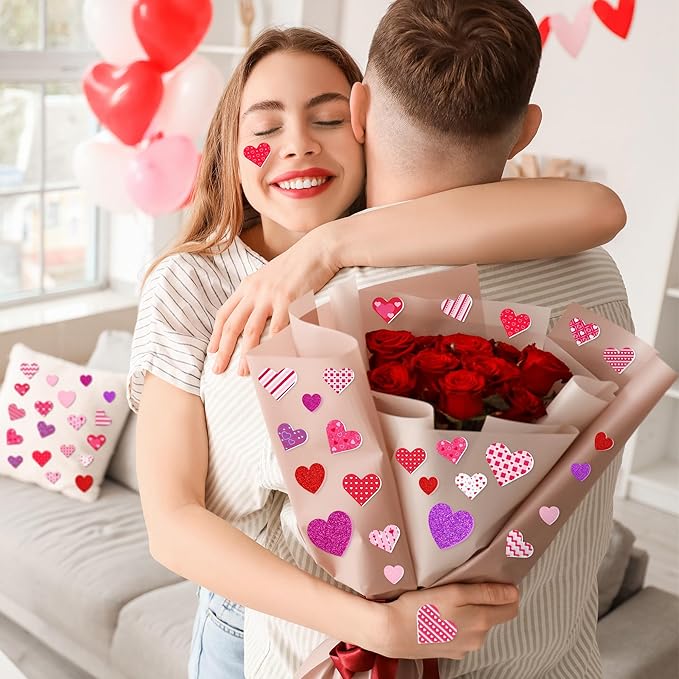 200 PCS Valentines Stickers for Kids, Glitter Foam Heart Stickers, Self-Adhesive Valentines Crafts, Polka Dots Heart Foam Stickers Red Pink Purple Foam Valentine Stickers Scrapbook Card Present DIY
