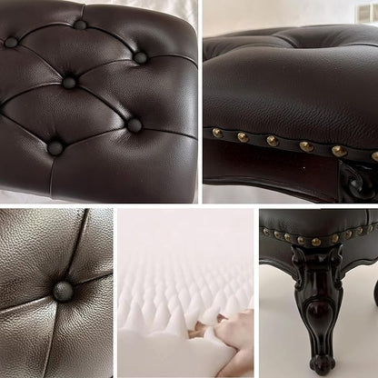 Leather Foot Stool,Vintage Footstools,Wooden Footrest,Upholstered Foot Rest for Living Room,Sofa,Entryway (Walnut)