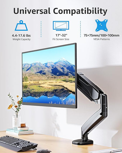MOUNTUP Single Monitor Desk Mount Holds Screen up to 32 inch, Adjustable Gas Spring Monitor Arm, Computer Monitors Stand with Clamp/Grommet Mounting Base, VESA Mounts Fit 4.4-17.6lbs Computer, Black