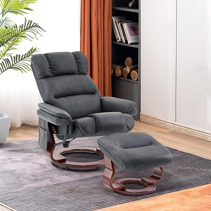 MCombo Swivel Recliners with Ottoman, Reclining TV Chairs with Vibration Massage, Faux Leather Ergonomic Lounge Chair for Living Room Bedroom 4832 (Dark Grey)