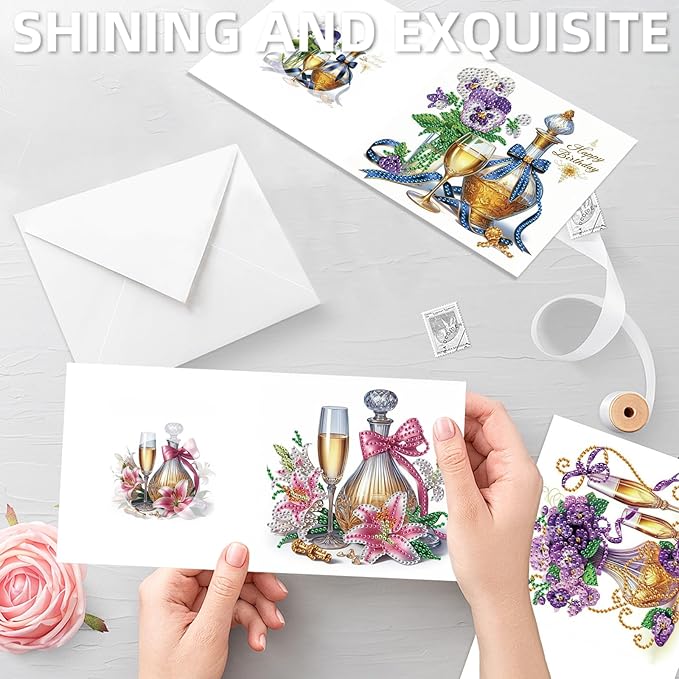 jinglinhh 12pcs Diamond Art Painting Flower Drink Greeting Cards with Envelopes, DIY Card Making Kits for Adults, Diamond Art Postcards Christmas Cards Craft Gifts