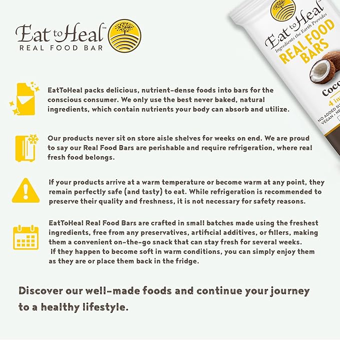 EatToHeal Coconut Real Food Bar - Organic Vegan Healthy Gluten Free Protein Bars - Low Sugar Meal Replacement Bar, Non GMO, Never Baked, Plant Based - Crafted to Enjoy, Not Sit on Shelves