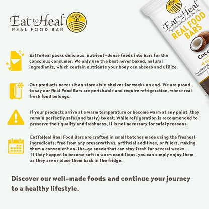 EatToHeal Coconut Real Food Bar - Organic Vegan Healthy Gluten Free Protein Bars - Low Sugar Meal Replacement Bar, Non GMO, Never Baked, Plant Based - Crafted to Enjoy, Not Sit on Shelves
