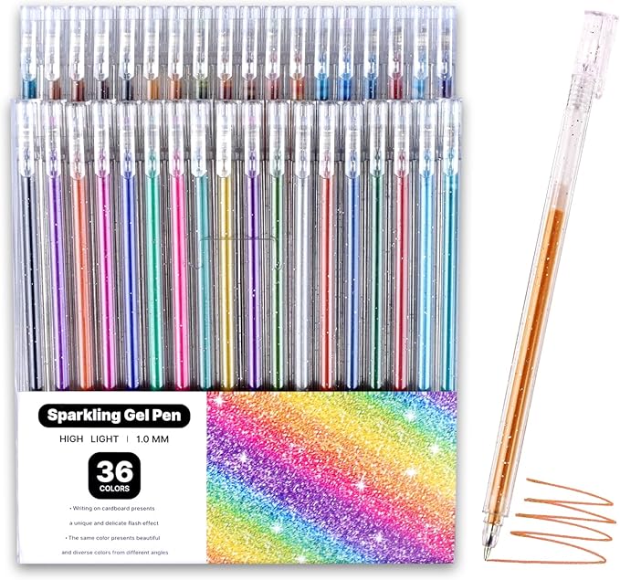 Sparkle Glitter Gel Pens 36 Colors, Metallic Glitter Gel Pen Set, 1mm Fine Point, Click-Off Cap Gel Pens for Journaling Art Projects, Kids Adults Coloring Supplies, Highlightings