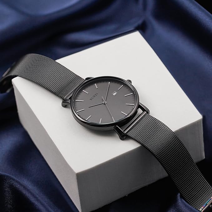 BUREI Men Watches Brown Leather Fashion Minimalist Wrist Watch Simple Ultra Thin Waterproof Quartz Watches All Black Stainless Steel Mesh Band,Gift for Men Women