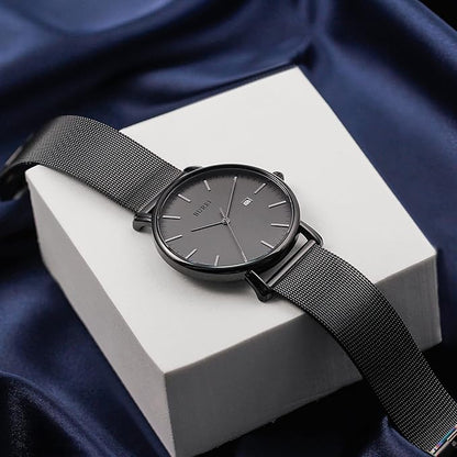 BUREI Men Watches Brown Leather Fashion Minimalist Wrist Watch Simple Ultra Thin Waterproof Quartz Watches All Black Stainless Steel Mesh Band,Gift for Men Women