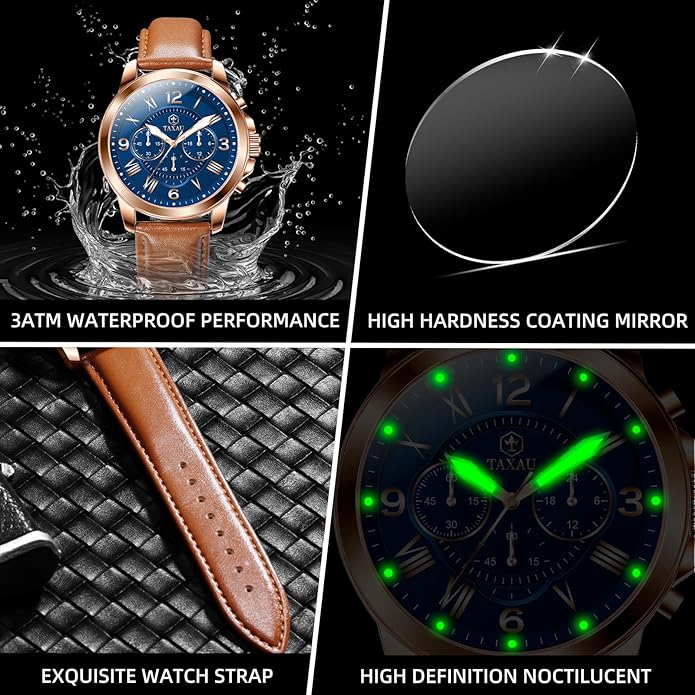 Mens Watches Luxury Dress Waterproof Leather Watch with Date Day Analog Quartz Large Number Wrist Watch Casual Classic Luminous Scales Big Face Easy Read Reloj para Hombre