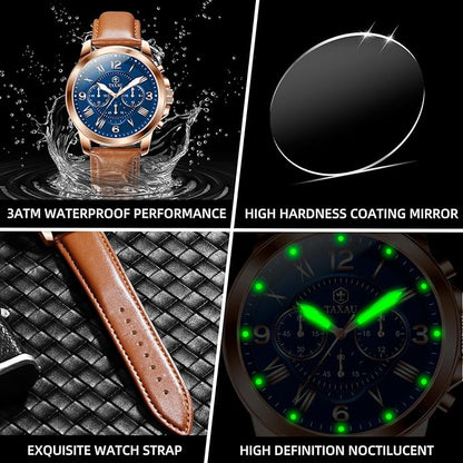 Mens Watches Luxury Dress Waterproof Leather Watch with Date Day Analog Quartz Large Number Wrist Watch Casual Classic Luminous Scales Big Face Easy Read Reloj para Hombre
