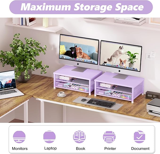 OPNICE Computer Monitor Stand Riser, Desk Organizers and Accessories with Drawer, Laptop Stand, Office Desk Accessories & Workspace Desktop Organizers Storage for Office Supplies(Purple)