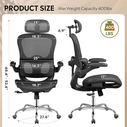 DEVAISE Ergonomic Mesh Home Office Desk Chair with Lumbar Support, High Back Reclining Computer Gaming Chair with Flip-up Armrests, 3D Headrest, Tilt Lock, Heavy Duty, SGS Class 4 Gas Lift, Black