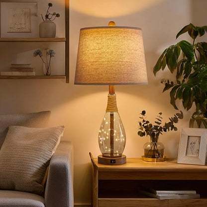OYEARS Table Lamp Sets of 2,Lamps for Living Room,Bedside Lamps with USB A+C and Nightlight,Retro Farmhouse Rattan Glass,for Bedroom Living Room Bedroom,Two Light Points,23"