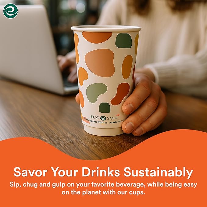 ECO SOUL 16 oz 25 Disposable Paper Cups,Hot/Cold Beverage Paper Drinking Cups, Leakproof Printed Cups for Cafe, Office, Party