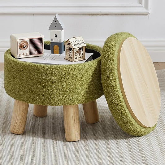 Small Foot Stool Ottoman with Storage, Sherpa Ottoman Foot Rest for Couch, Round Footstool with Storage, Small Ottomans and Footstools for Living Room and Entryway (Bright Green)