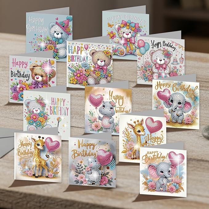 jinglinhh 12pcs Diamond Art Painting Birthday Bear Elephant Giraffe Flower Balloon Greeting Cards with Envelopes, DIY Card Making Kits for Adults, Diamond Art Postcards Christmas Cards Craft Gifts