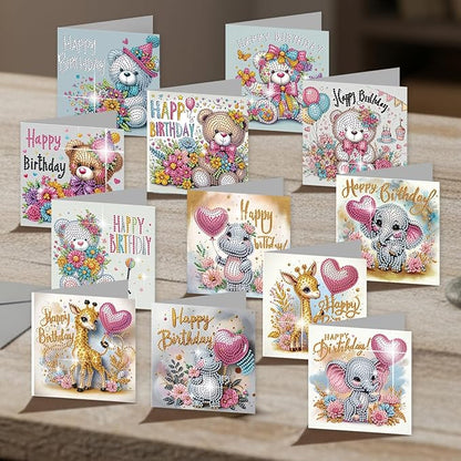 jinglinhh 12pcs Diamond Art Painting Birthday Bear Elephant Giraffe Flower Balloon Greeting Cards with Envelopes, DIY Card Making Kits for Adults, Diamond Art Postcards Christmas Cards Craft Gifts