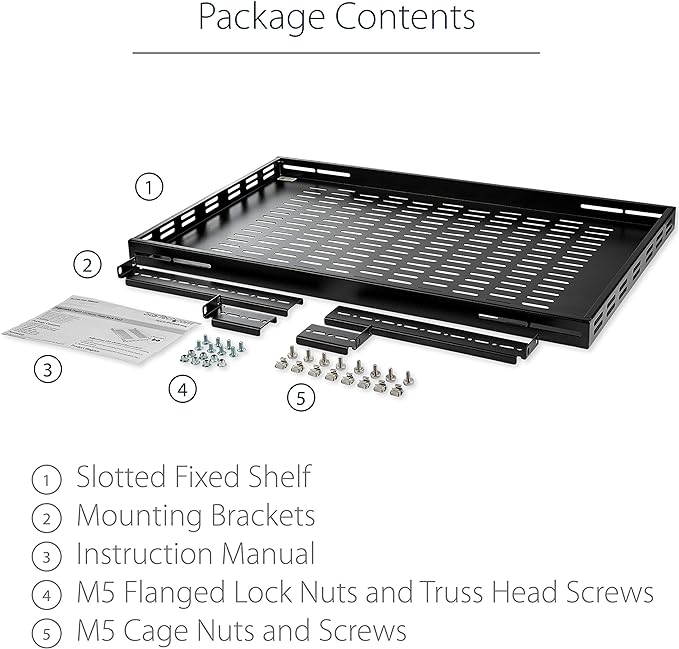 StarTech.com 1U Adjustable Vented Server Rack Mount Shelf - 175lbs - 19.5 to 38in Adjustable Mounting Depth Universal Tray for 19" AV/ Network Equipment Rack - 27.5in Deep , TAA (ADJSHELF)