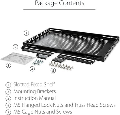 StarTech.com 1U Adjustable Vented Server Rack Mount Shelf - 175lbs - 19.5 to 38in Adjustable Mounting Depth Universal Tray for 19" AV/ Network Equipment Rack - 27.5in Deep , TAA (ADJSHELF)