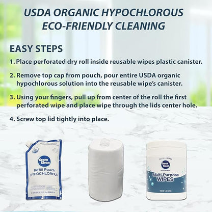 Hypochlorous Acid Wipes Starter Kit – 100 Count Dry Wipes with 32 oz Organic HOCl Cleaning Solution– Disinfecting Wipes for Skin, Baby, Pet & Home in a Reusable Container