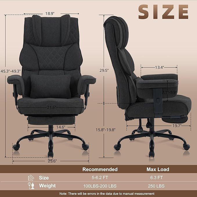 Vonesse Big and Tall Office Chair, Computer Chair with Soft Adjustable Armrests, Ergonomic Gaming Chair with Breathable Linen Design, Executive Chairs with Footrest (Linen Fabric,Black)