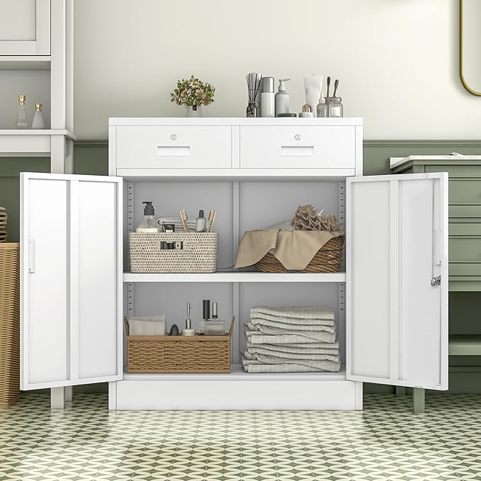 Metal Storage Cabinet, Locking Storage Cabinet with Adjustable Shelf, 36" H Metal Cabinets with Two Drawers for Office, Garage, Home-White