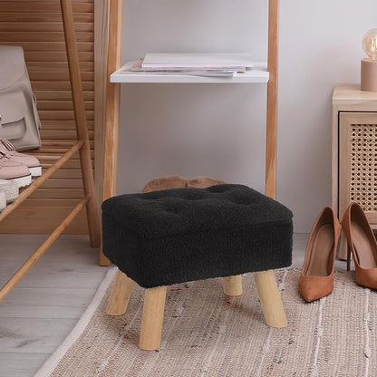 Storage Ottoman, Small Foot Stool Ottoman with Storage, Boucle Teddy Velvet Foot Rest with Padded Seat, Sturdy Wood Legs Stool for Living Room, Bedroom, Couch, Enterway (Black)