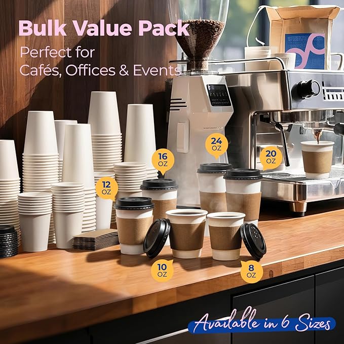 Fit Meal Prep 100 Pack 16 oz Disposable Coffee Cups with Lids, Sleeves, Leak-Proof To Go Coffee Cups with Lids, Durable Paper Cups for Hot Beverage, Home, Office, Party