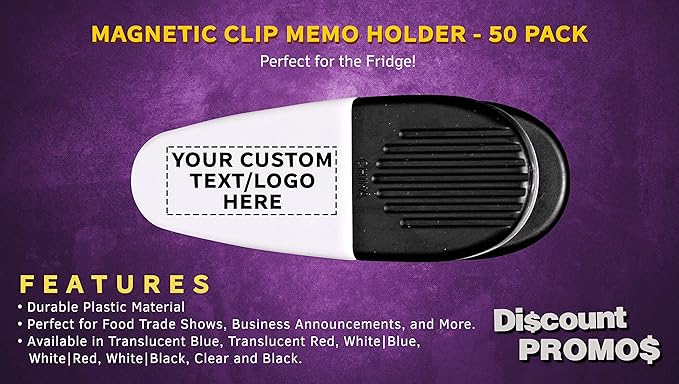 50 Magnetic Memo Holders Set - Customizable Text, Logo - Large Clip, Plastic - White Black