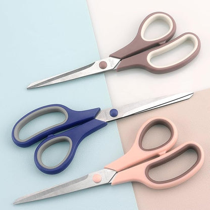 Scissors 8.5 Inch scissors all purpose Bulk Set of 3, Scissors for Office Home School Craft Supplies, Soft Comfort-Grip Right/Left Hand, Navy Blue, Pink, Brown