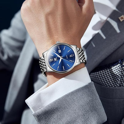 OLEVS Mens Watch Stainless Steel Analog Quartz Watches for Men Day Date Easy Read Diamond Waterproof Dress Luxury Classic Casual Big Face Blue/Black/Gold/Silver Roman Arabic Numerals Men's Wrist Watch