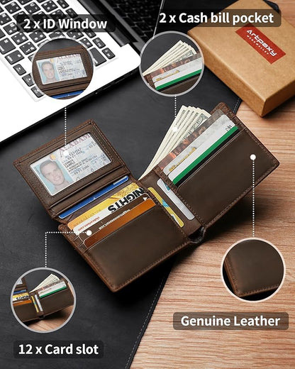 Mens Wallet Bifold Genuine Leather RFID Blocking Wallet for Men with 2 ID Windows 12 Card Holders 2 cash pockets 1 Gift Box