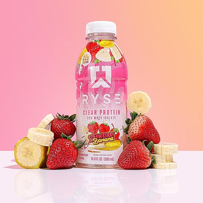 RYSE Clear Protein Drink - Strawberry Banana - 100 Calories, 22g Whey Isolate Protein Shake, Sugar-Free, 0g Fat & Lactose-Free - Refreshing Ready-to-Drink Beverage - 16.9 fl oz Bottles (12-Pack)